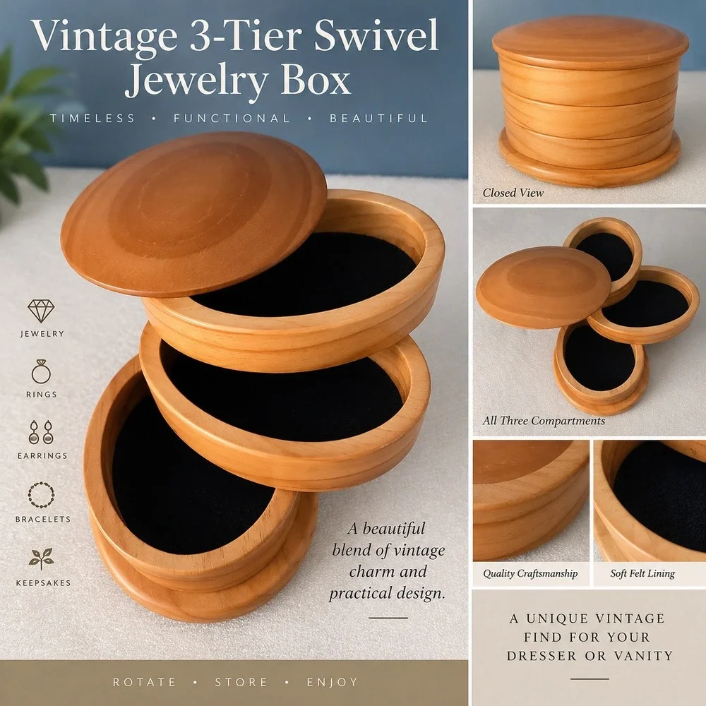 Vintage 3 Tier Wooden Swivel Jewelry Box Black Felt Lined Rotating Trinket Box